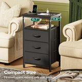 Huuger Night Stand with Charger Station and LED Lights, 3 Drawer Nightstand, Bed Side Table with Open Shelf, End Table, Tall Fabric Dresser for Bedroom, Black Huuger