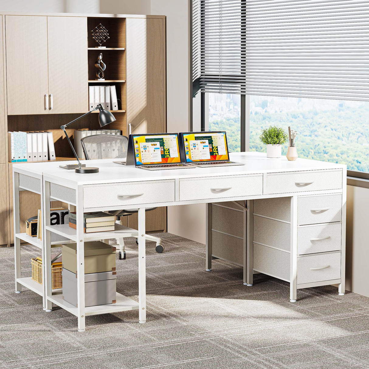 Huuger Computer Desk with 6 Drawers, 54 Inch Office Desk with Shelves, Reversible Gaming Desk, Corner Desk with Storage, Work Desk for Home Office, Study, Living Room, White Huuger