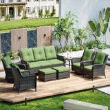 Joyside Wicker Patio Furniture Sets 8 Piece Set with 3-Seat Sofa, 2 Swivel Rocking Armchairs, 2 Armchairs, 2 Ottoman and 1 Side Table Wicker Outdoor Conversation Set(Brown Mixed Gray/Green) Joyside