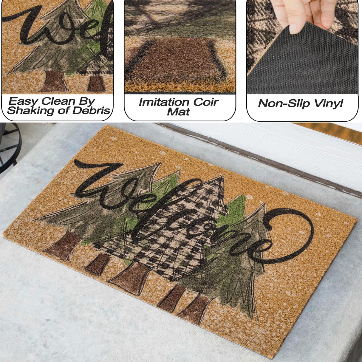 UTOWO Winter Xmas Welcome-Doormat Non-Slip Front-Door-Mats - Plaid Pine-Tree Snow Entrance Mat Porch Home Christmas Decor 17x29in UTOWO