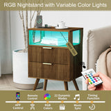 JOONEE Nightstand with Charging Station and LED Lights,Modern Bedside Table with 2 Storage Drawer and Open Wood Shelf, for Bedroom and Small Spaces,Night Stand with Solid Wood Legs,Walnut Brown JOONEE