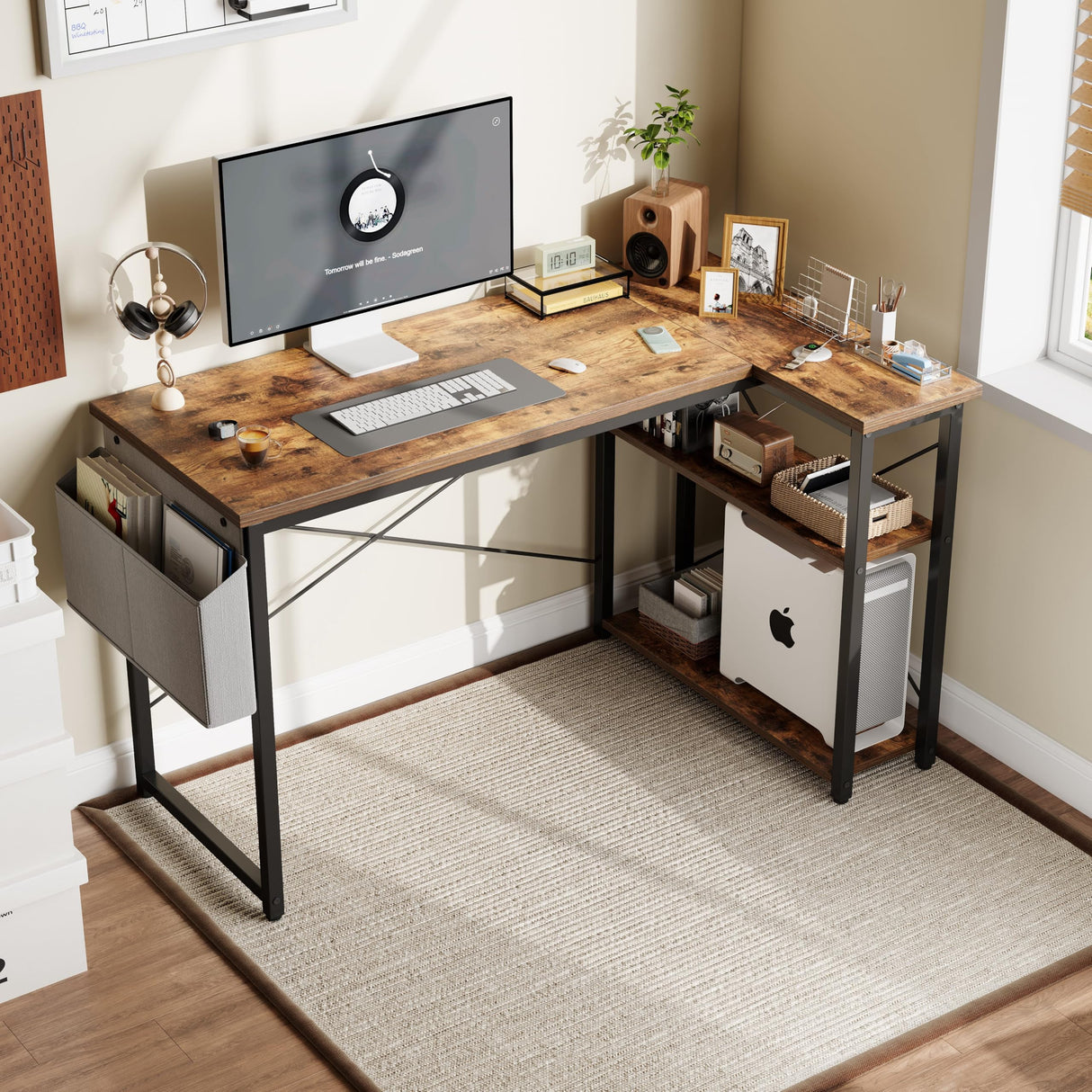 Grandder L Shaped Computer Desk with Reversible Shelves, 40 Inch Small Corner Desk with Storage Bag, Gaming Desk Computer Table Study Writing Desk for Home Office Small Space, Rustic Brown Grandder