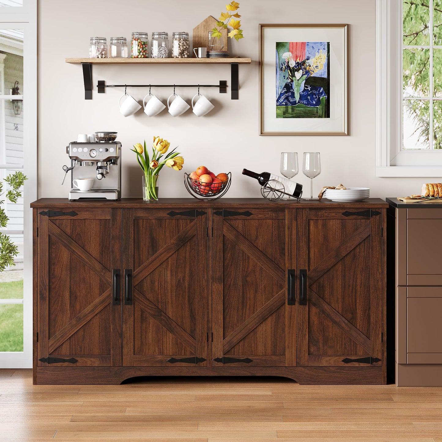 YITAHOME Sideboard Buffet Cabinet, Farmhouse Coffee Bar Cabinet with Large Storage, 62" Kitchen Cupboard with Adjustable Shelves for Living Room, Entryway, Kitchen, Dark Walnut