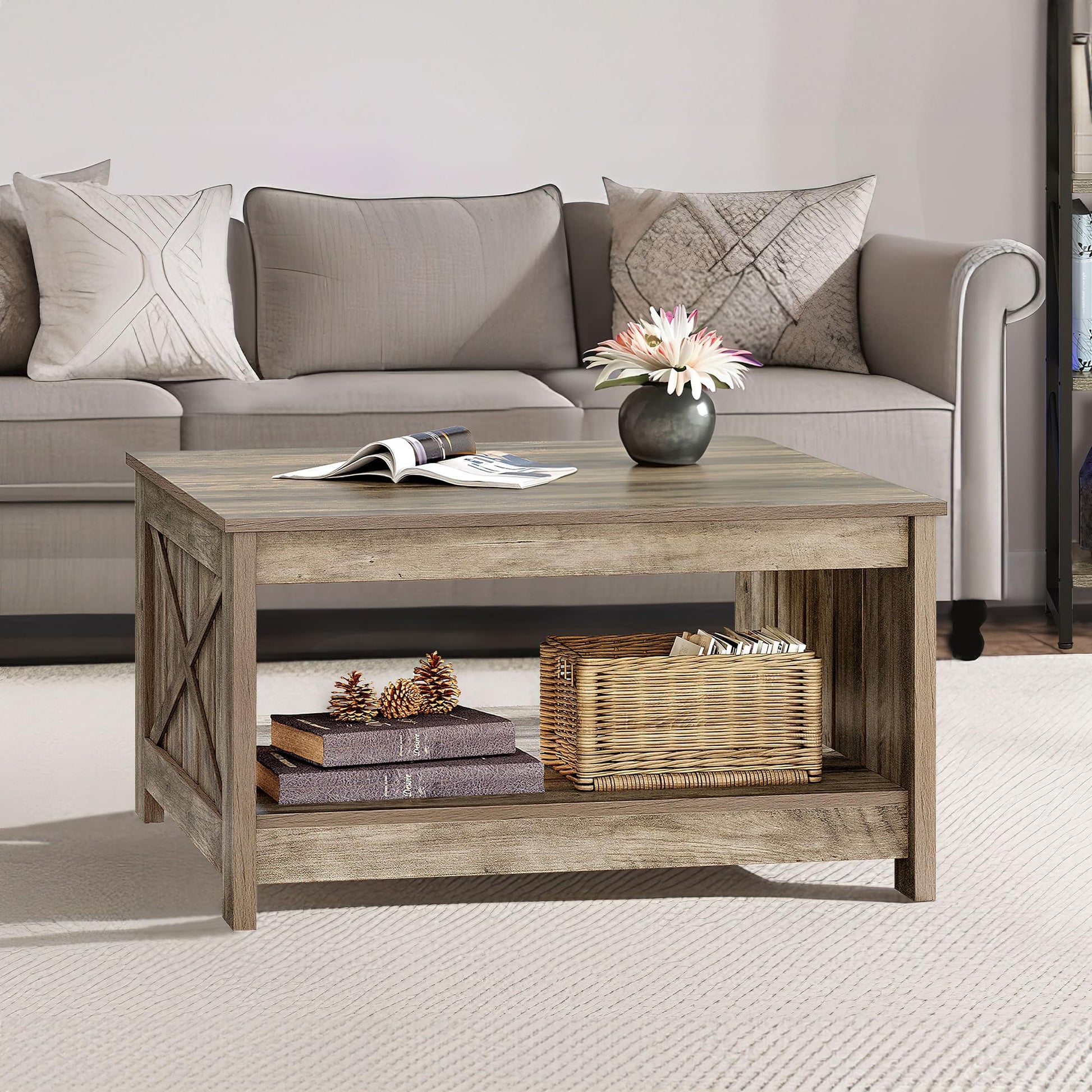 DWVO Square Coffee Table for Living Room Farmhouse Coffee Table with Storage,2-Tier Wood Center Table with Half Open Storage Compartment, Rustic Grey - WoodArtSupply