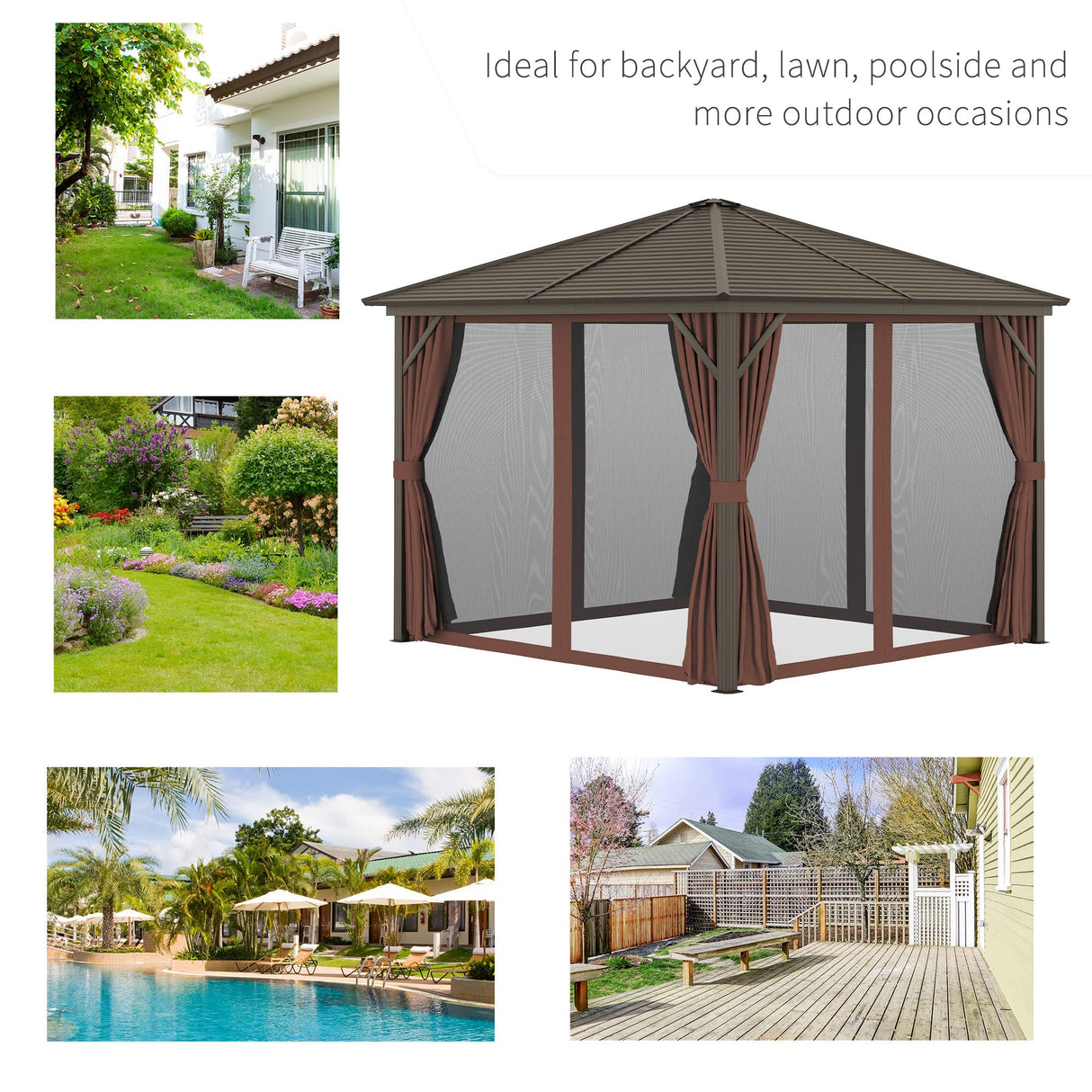 Outsunny 10' x 10' Hardtop Gazebo with Curtains and Netting, Permanent Pavilion Metal Single Roof Gazebo Canopy with Aluminum Frame and Hooks, for Garden, Patio, Backyard, Dark Brown Outsunny