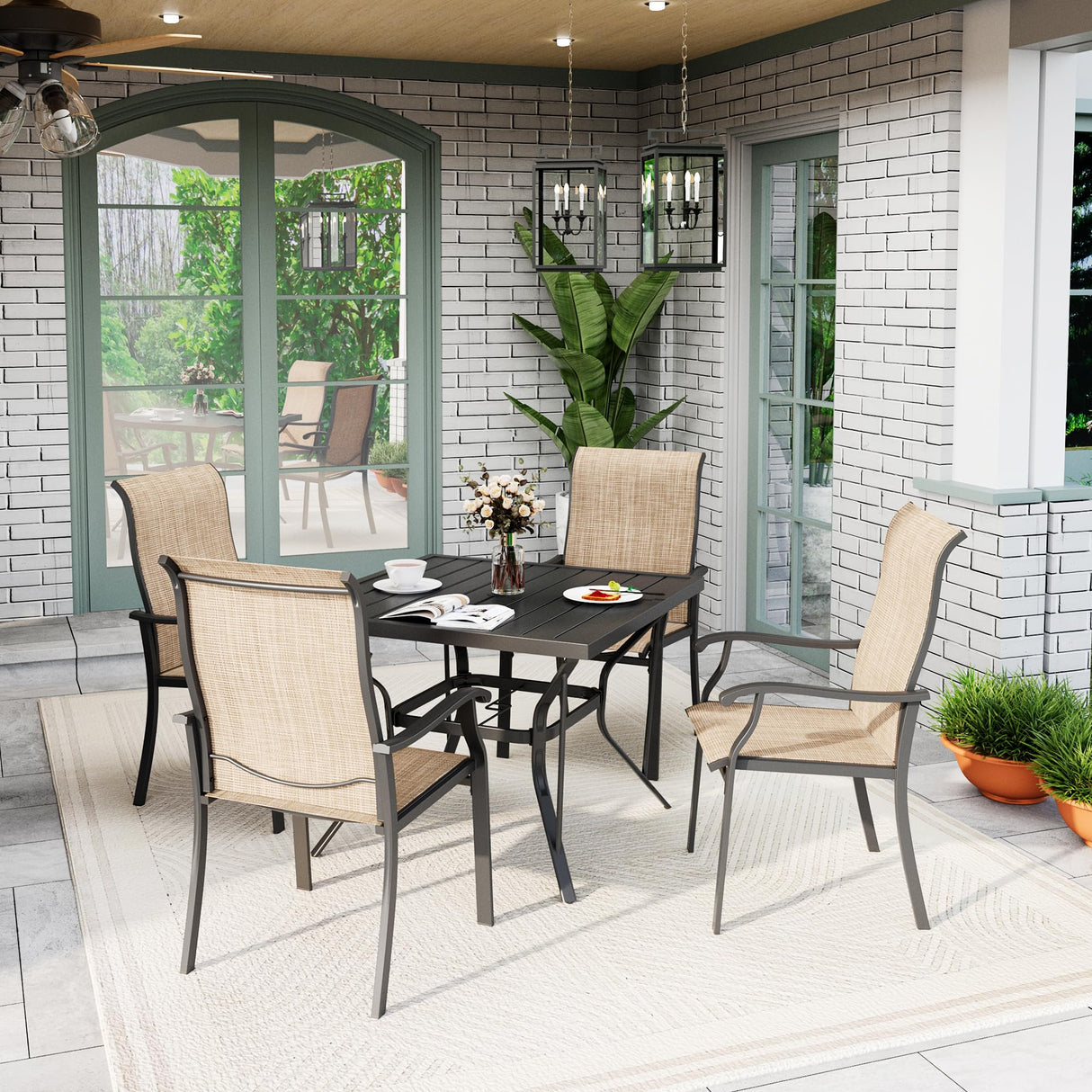 Pamapic 5 Pieces Patio Dining Set, Outdoor Dining Set for Garden Backyard Poolside Deck,Outdoor Table and Chairs Set with 4 Textilene Chairs,Beige Pamapic