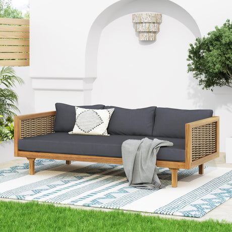 Merax 67.5" Outdoor Patio Daybed 3 Seater Sofa Bed,Acacia Wood Frame with Rattan Arm,Cushion & Pillow for Garden Merax