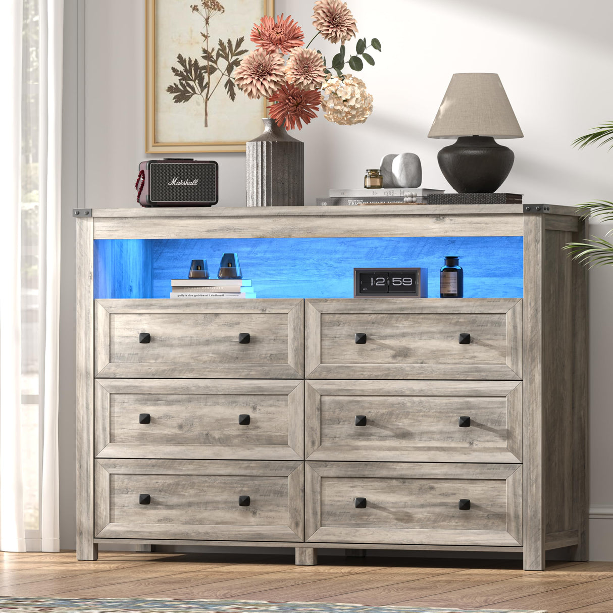 Dresser for Bedroom with 6 Drawers, Wide Chest of Drawers with LED Light and Power Outlet, Wooden Closet Organizer Clothes Storage Cabinet, Modern Double Dressers for Living Room, Hallway, Grey Xixini