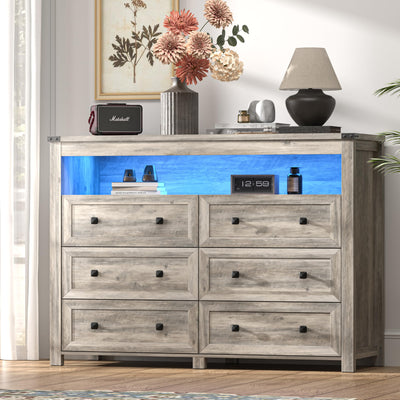 Dresser for Bedroom with 6 Drawers, Wide Chest of Drawers with LED Light and Power Outlet, Wooden Closet Organizer Clothes Storage Cabinet, Modern Double Dressers for Living Room, Hallway, Grey