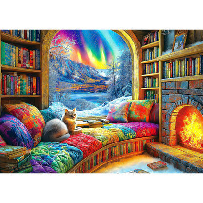 Northern Lights Landscape Jigsaw Puzzles for Adults Fantasy Fairy Cat 1000 Piece Book Room Puzzle for Adults with Letters on Back Challenging Family Puzzle