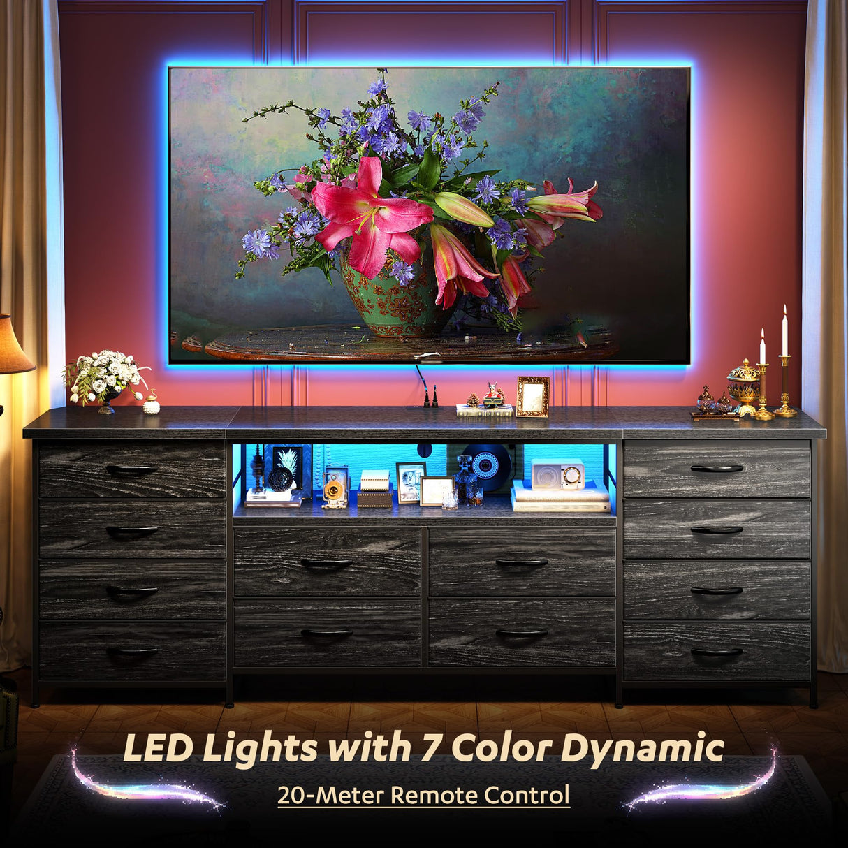 63" Long Dresser for Bedroom with 12 Fabric Drawers Entertainment Center with LED Lights & Power Outlets TV Stand for 70 Inch TV, Organizer for Bedroom, Black Romorgniz