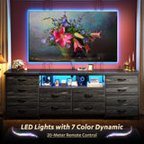 63" Long Dresser for Bedroom with 12 Fabric Drawers Entertainment Center with LED Lights & Power Outlets TV Stand for 70 Inch TV, Organizer for Bedroom, Black Romorgniz