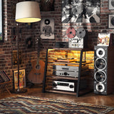 armocity 4-Tier AV Media Stand with Power Strips, Corner TV Stand with LED Lights, Rack Audio Tower with Adjustable Shelves, Corner Entertainment Center, 30'', Black Walnut armocity