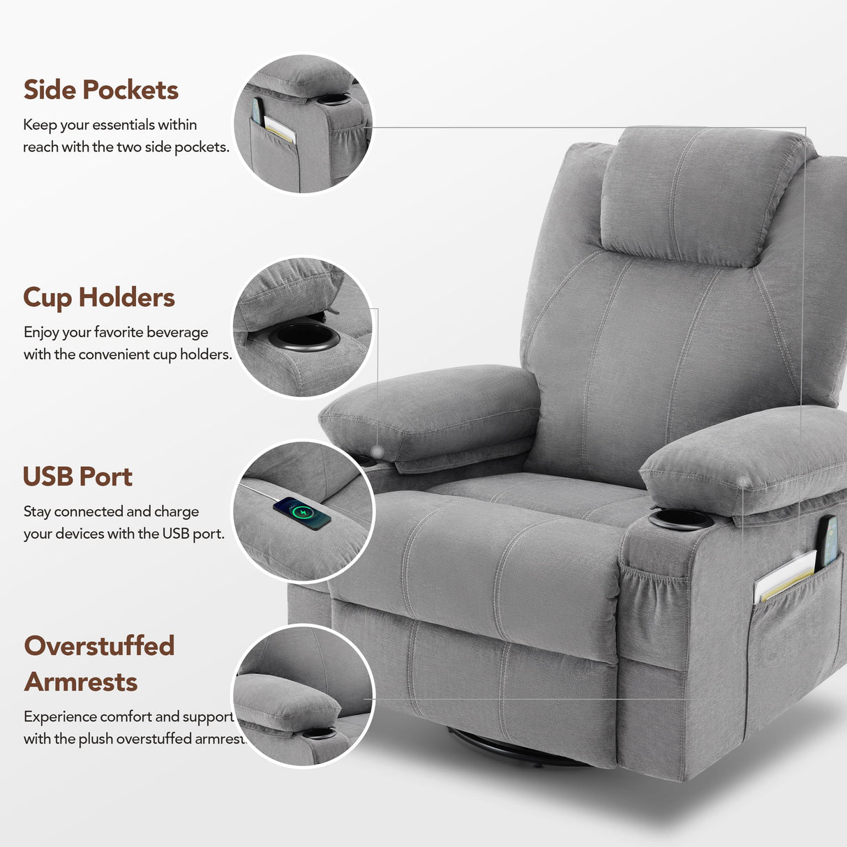 Weture Oversized Swivel Rocker Recliner Chair with Heat and Massage, 360 Degree Swivel Rocking Single Sofa with Cup Holders and USB Port, Big Large Recliner Chair for Living Room (Fabric, Grey) Weture