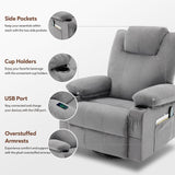 Weture Oversized Swivel Rocker Recliner Chair with Heat and Massage, 360 Degree Swivel Rocking Single Sofa with Cup Holders and USB Port, Big Large Recliner Chair for Living Room (Fabric, Grey) Weture
