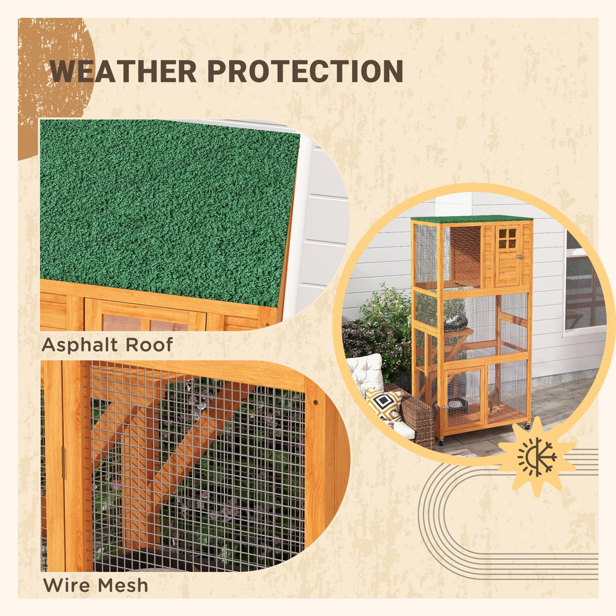 PawHut 74" Wooden Catio Outdoor Cat House Weatherproof & Wheeled, Outside Cat Enclosure with High Weight Capacity, Kitten Cage Condo, Orange PawHut