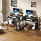 MUTUN Two Person Desk, 83.7 Inch Computer Office Double Desk with Monitor Stand and Power Outlets, Rustic Writing Desk Workstation with Shelves, Long Desk for Home Office, Black MUTUN