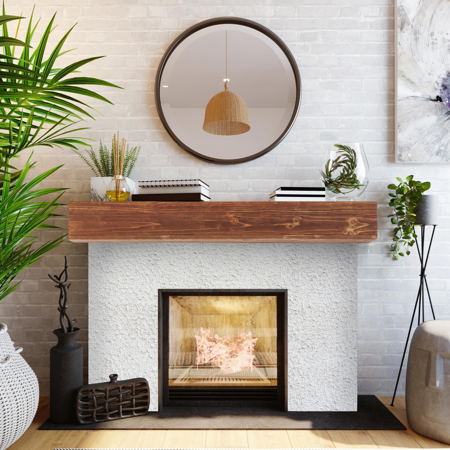 60" Rustic Wood Fireplace Mantel | Wall-Mounted & Floating Shelf for Home Decor