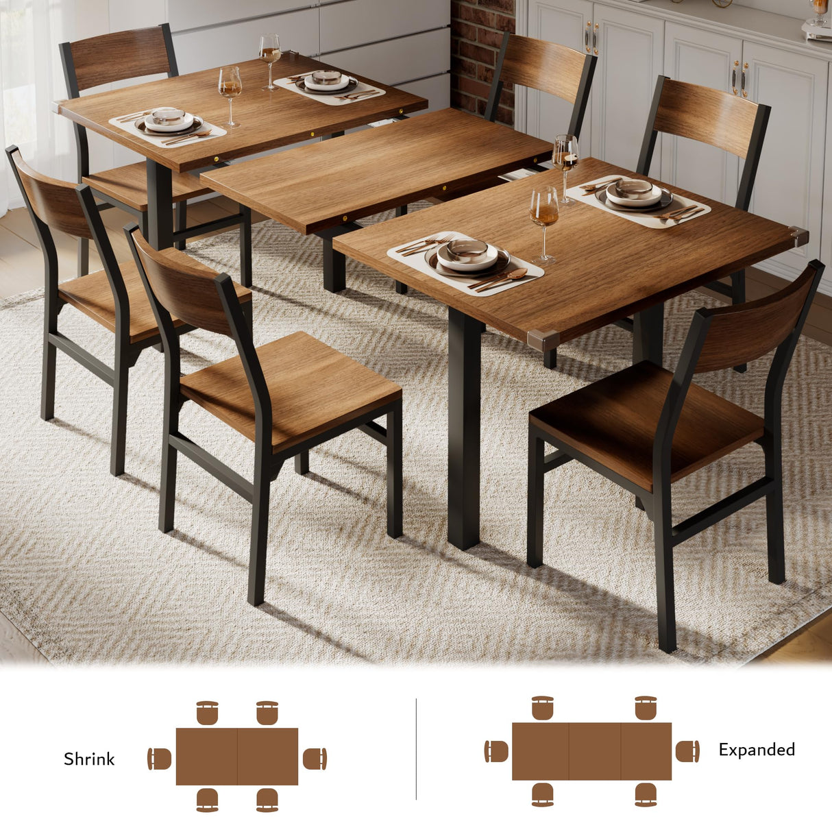 iPormis 7-Piece Dining Table Set with 6 Chairs, 63" Extendable Kitchen Table & Chairs Set for 4-6, Dining RoomTable with Solid Metal Frame & MDF Board, Perfect for Small Space, Easy Assembly, Walnut iPormis