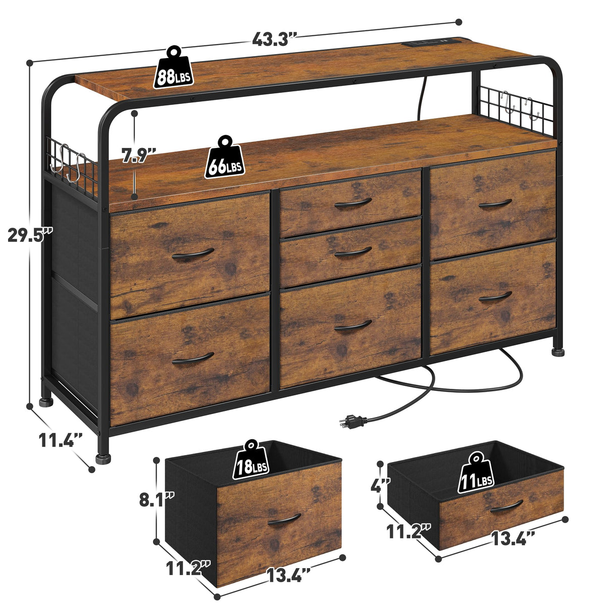 EnHomee Dresser for Bedroom with LED Lights & Charging Station, 7 Drawer Dresser with Open Shelf, Fabric Bedroom Dressers & Chest of Drawers for Closet, Entryway, Hallway, 4 Hooks, Rustic Brown EnHomee
