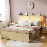 Natural Rattan Boho Queen Bed Frame with Storage Drawers, Charging Station, and LED Lights - PAKASEPT PAKASEPT