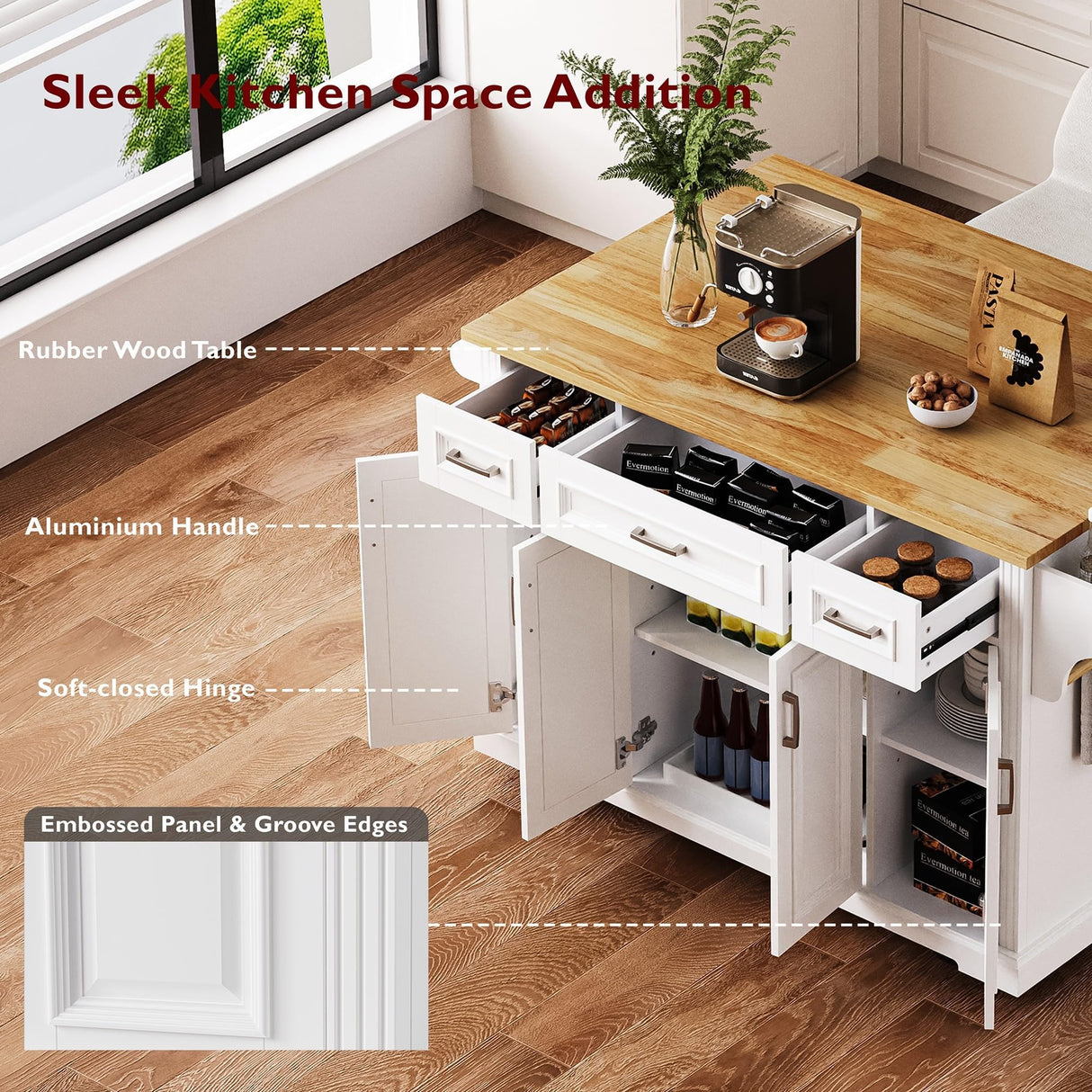 54" Large Kitchen Island with Rubber Wood Drop Leaf, Rolling Kitchen Cart with Ample Storage on 4 Wheels with 4 Doors and 3 Drawers, Moveable Island Table with Embossed Texture for Dining Room MEETFAV