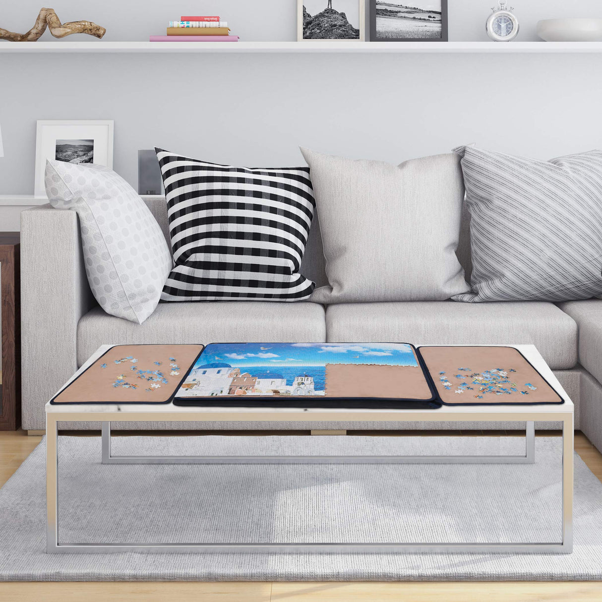 Becko US Puzzle Board with Trays & Cover Portable Jigsaw Puzzle Case Puzzle Storage Puzzle Saver, Non-Slip Surface, for Up to 1000 Pieces (Dark Blue & Khaki) Becko US