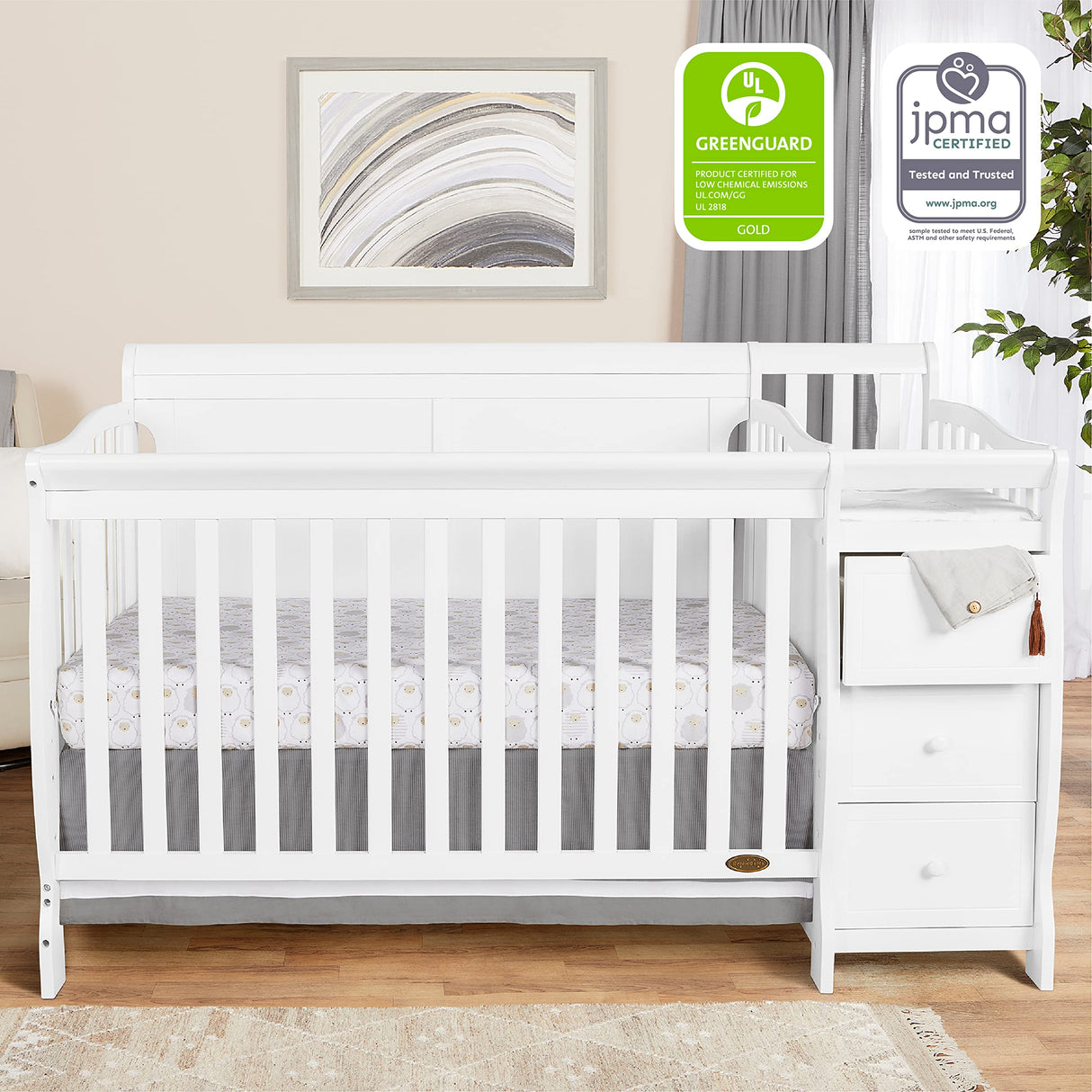 Dream On Me 5 In 1 Brody Convertible Crib With Changer In White, Greenguard Gold Certified, Comes With 1" Changing Pad, Non-Toxic Finish, Made Of Durable Pinewood Dream On Me