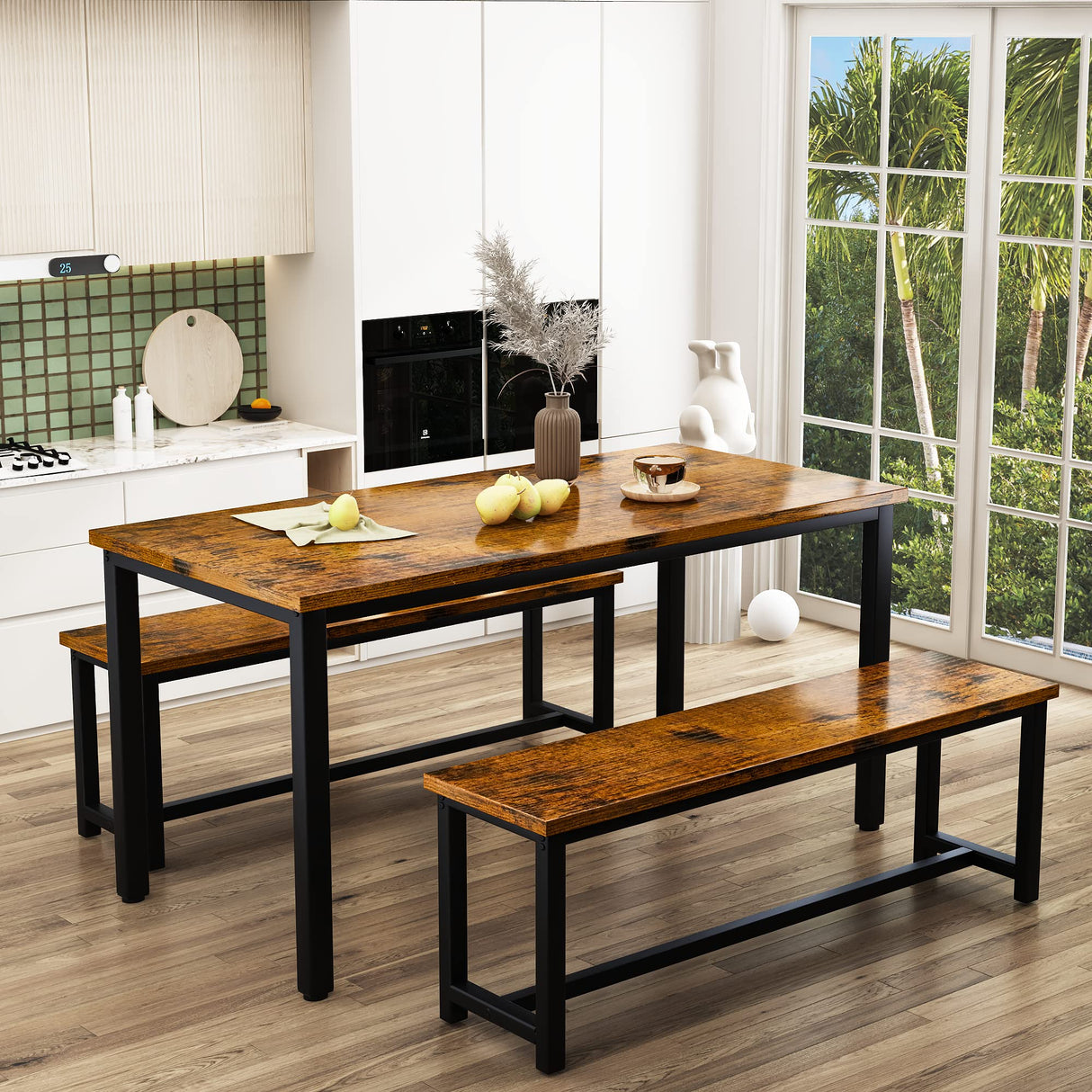 Recaceik Dining Table Set for 4 Kitchen Table Set with 2 Dining Benches, 3 Piece Farmhouse Dining Room Table Set Industrial Breakfast Nook Table Set for Small Space, Apartment, Rustic Brown Recaceik
