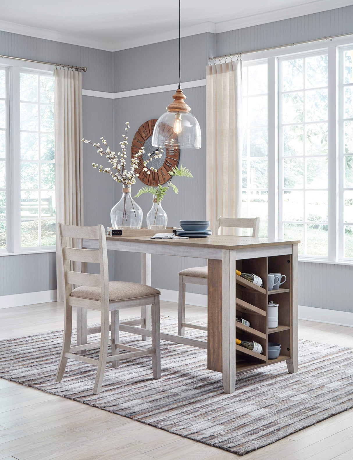 Signature Design by Ashley Skempton Farmhouse 36" Counter Height Dining Table with Storage & Wine Rack, Whitewash Signature Design by Ashley