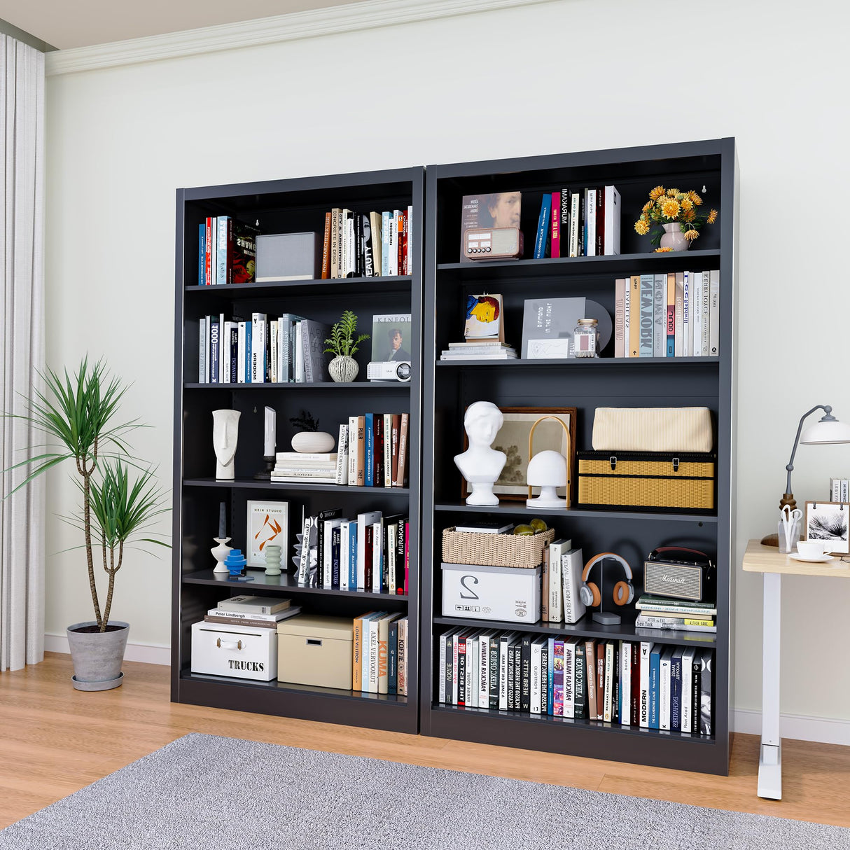 OSEILLC Bookcase, 5 Tier Industrial Bookshelves, 14" Deep Book Case for Book/Decor/CD/Movie, Metal Adjustable Book Shelf, 66" Tall Modern Bookshelf for Bedroom Living Room Home Office School, Black OSEILLC