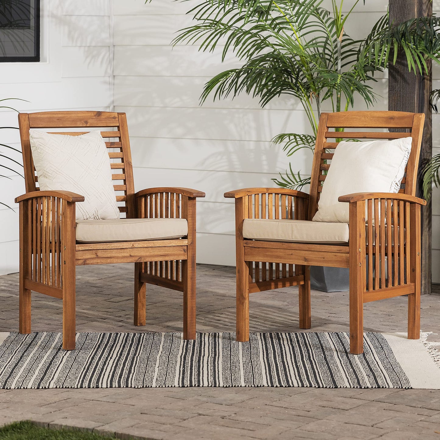 Walker Edison Rendezvous Modern 2 Piece Solid Acacia Wood Slat Back Outdoor Dining Chairs, Set of 2, Brown - WoodArtSupply