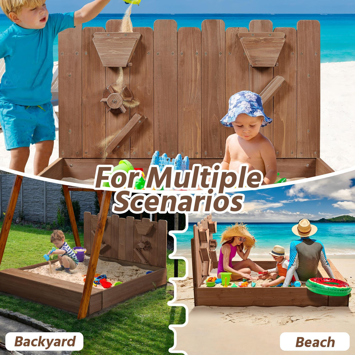 Yaheetech 53× 44.5in Wood Sand Box for Kids Ages 3-8, Sandboxes for Backyard Patio Garden Beach Outdoor Play Use, w/Fabric Liner Funnel Chutes Spinning Wheel & 2 Storage Compartments Yaheetech