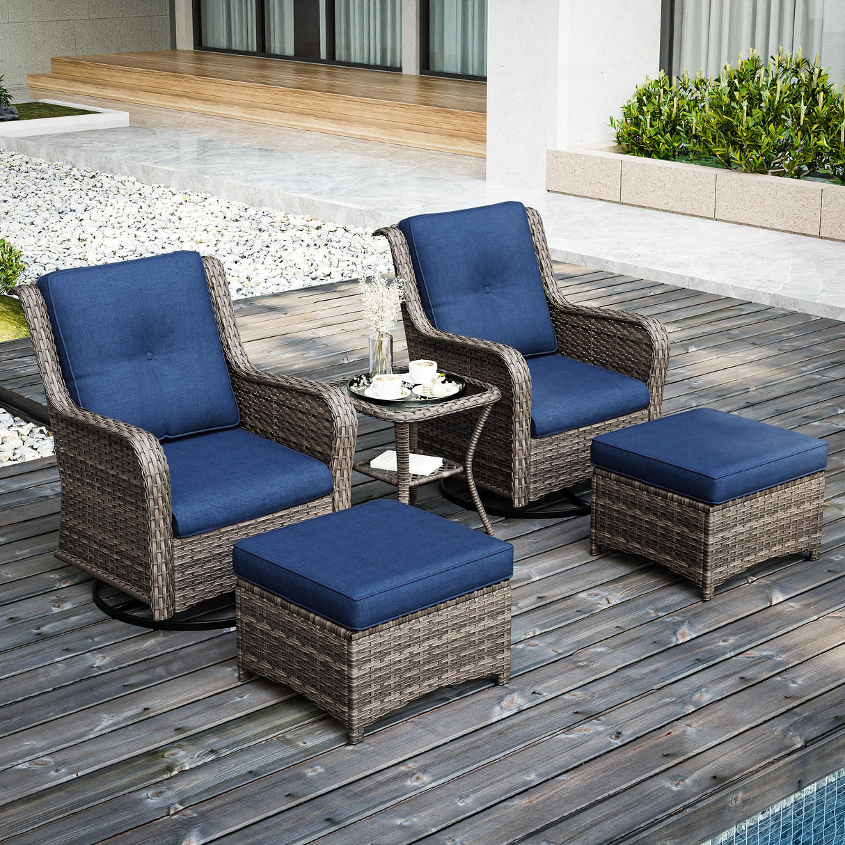 Joyside 5 Piece Outdoor Patio Furniture Set Wicker Conversation Bistro Set Swivel Rocking Chairs with Side Table and Ottomans for Backyard, Porch, Deck(Mixed Grey/Blue) Joyside