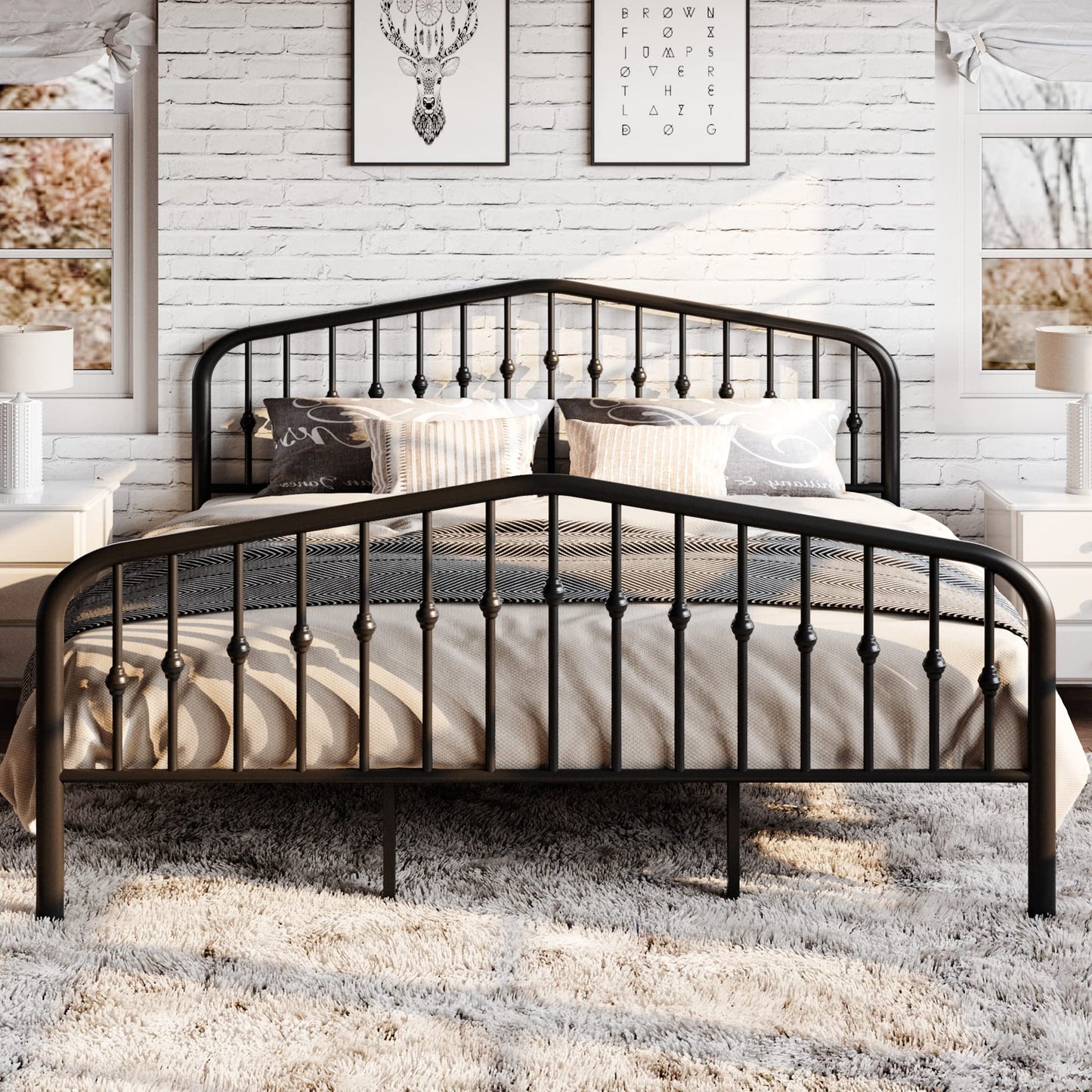 Victorian-Style King Size Metal Platform Bed Frame with Wrought Iron Headboard and Footboard in Black - WoodArtSupply