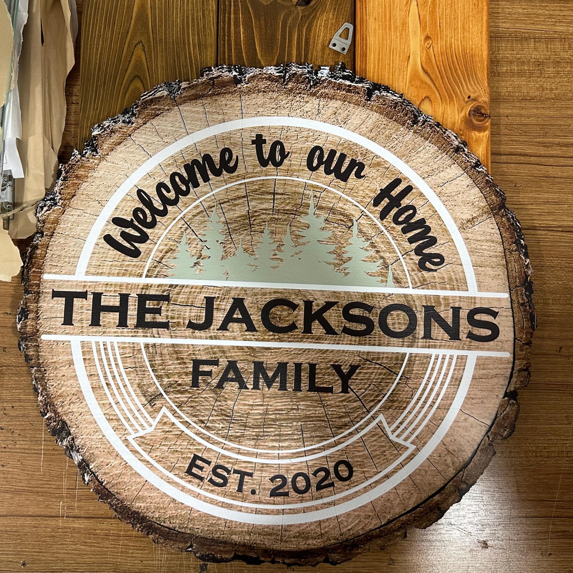 Custom Wood Name and Welcome Sign, Personalized Gifts, Realistic Tree Slice Appearance Printed on MDF, - WoodArtSupply