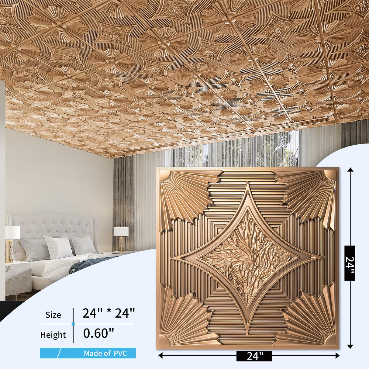 Art3d Drop Ceiling Tiles 24x24 in Bronze (12-Pack, 48 Sq.ft), 3D Wainscoting Panels Glue Up 2x2 Art3d