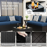 VONZOY 8 Pieces Outdoor Patio Furniture Set with 44" Fire Pit Table Black Rattan Sectional Conversation Sets w/Gas Fire Pit, Coffee Table, 2 Waterproof Covers, Navy Blue VONZOY