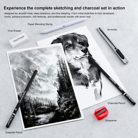 Kird Barken 24PCS Professional Sketch Pencil Set – 5H to 14B Pencils, Charcoal Pencils, Art Supplies Kit with Erasers, Sharpener, Knife – Ideal Gift for Artists, Students, Kids, Beginners Kird Barken