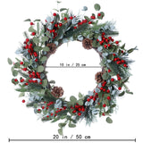 DIYFLORU 20 Inches Christmas Wreath Winter Wreaths Artificial Christmas Wreaths for Front Door Christmas Berry Wreath with Pine Needles Pine Cones Red Berries for Home Window Porch Winter Decorations DIYFLORU