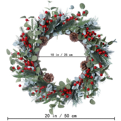 DIYFLORU 20 Inches Christmas Wreath Winter Wreaths Artificial Christmas Wreaths for Front Door Christmas Berry Wreath with Pine Needles Pine Cones Red Berries for Home Window Porch Winter Decorations