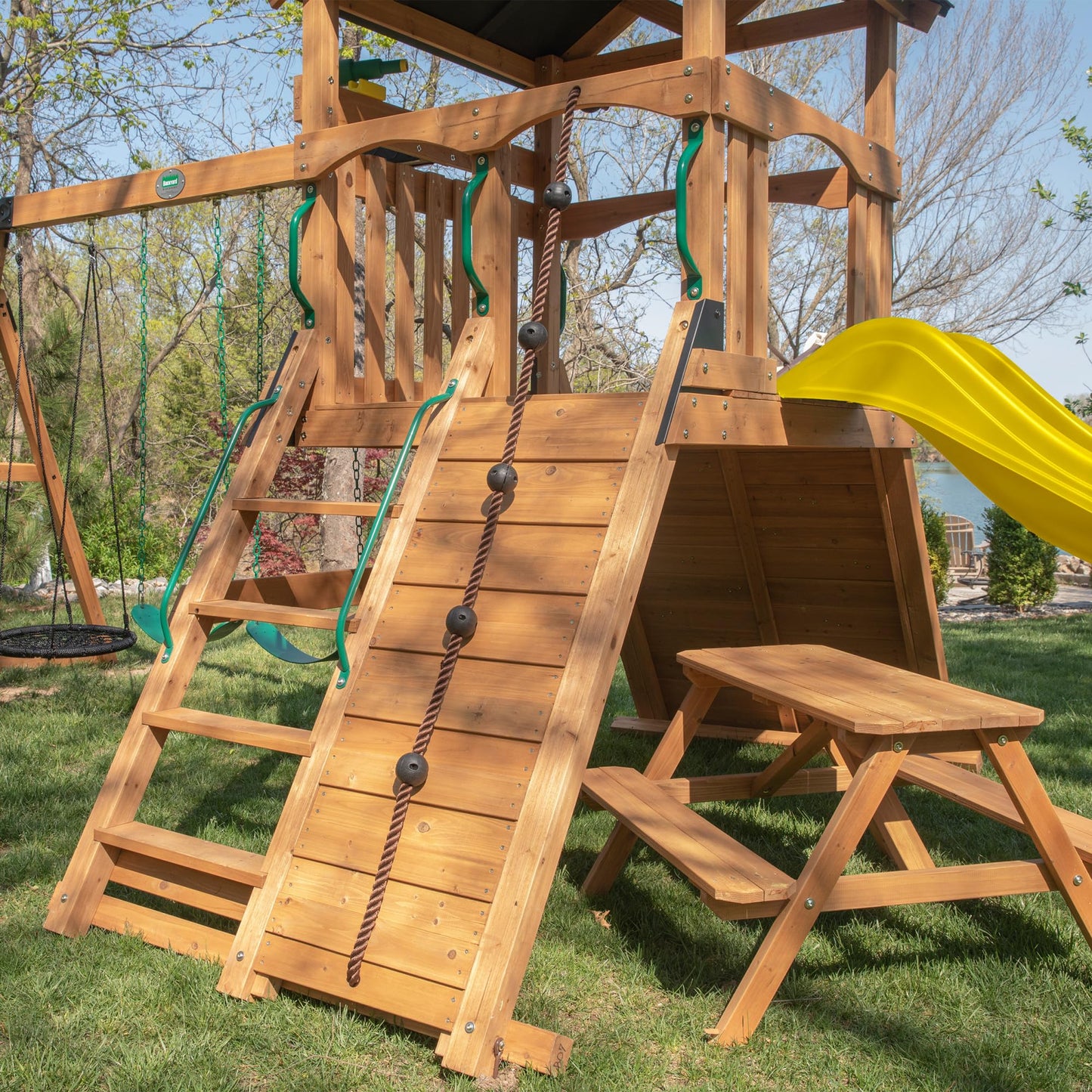 Backyard Discovery Endeavor II All Cedar Wood Swing Set Playset for Backyard with Yellow Wave Slide Climbing Wall with Rope Picnic Table Double Wide Rock Wall 2 Belt Swings and 1 Web Swing Gift