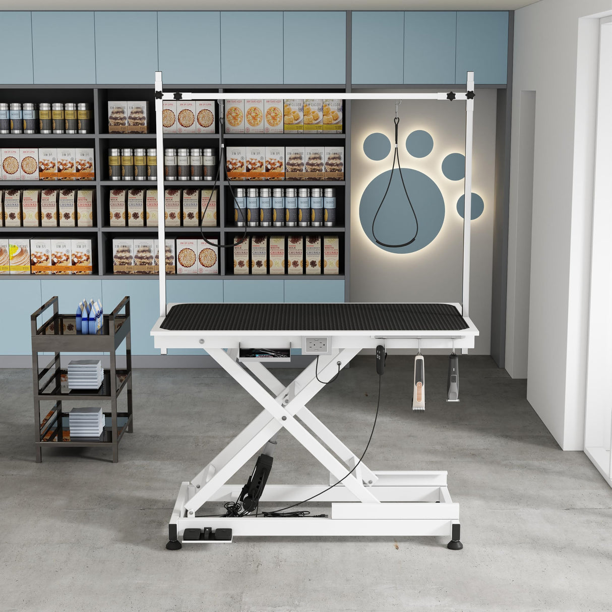 Afqxf Electric Lift Dog Grooming Table, 50 Inch Heavy Duty Professional Pet Grooming Table Suitable for Large Dogs at Home with Adjustable Overhead Arms and 2 Grooming Noose, White Afqxf