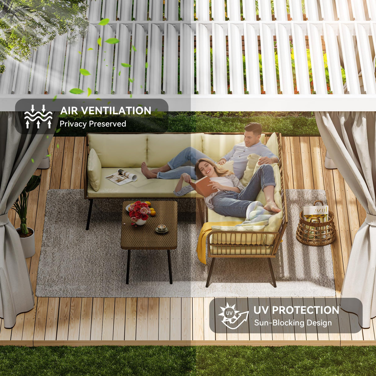 YITAHOME 10x13ft Louvered Pergola Outdoor Aluminum with Adjustable Roof Pergolas Sun Shade Shelter with Netting and Shaded Curtains for Lawns, Patio, Deck and Backyard, White YITAHOME