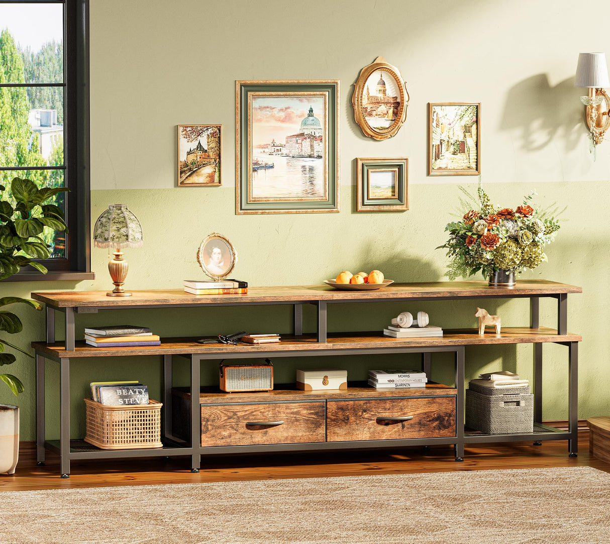 Huuger TV Stand for 65, 70, 75 Inch TV, Entertainment Center with Power Outlets and LED Lights, TV Console for Living Room, Media Console with Drawers and Shelves, Rustic Brown Huuger