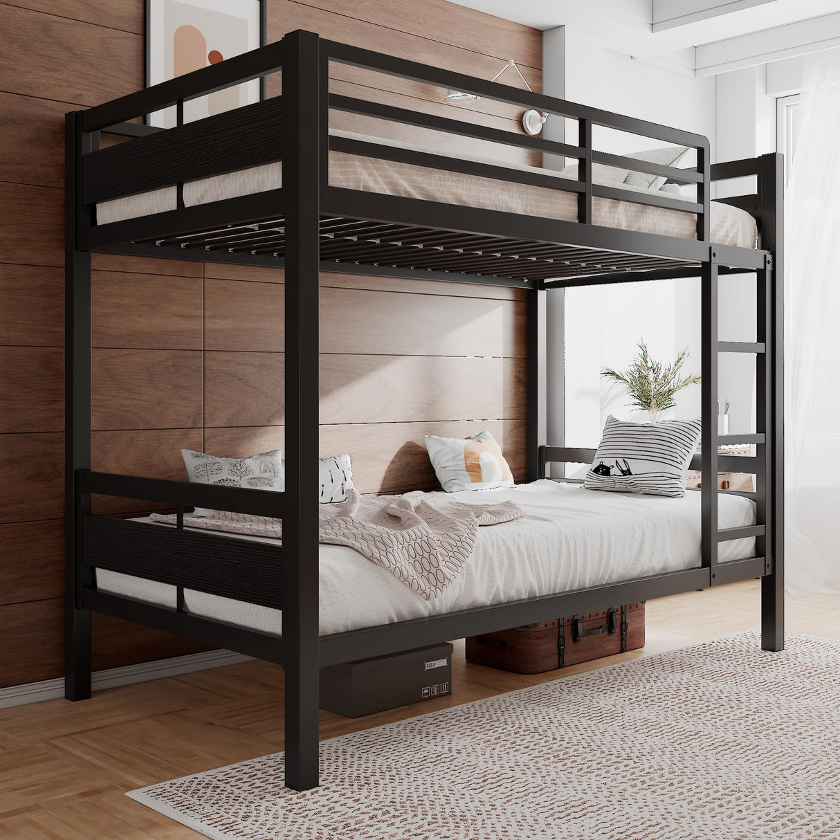 Einhomn Bunk Bed Twin Over Twin, Heavy Duty Metal Bed with Ladder and Full-Length Guardrail, Under-Bed Storage Space, No Box Spring Needed, Noise Free, Black Einhomn