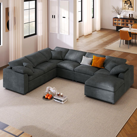 129" Oversized Modular Sectional Sofa L Shaped Modern Couch with Ottoman, Deep Seat and Wide Chaise for Living Room Merax
