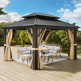 DWVO 12x14ft Hardtop Gazebo Double Roof with Nettings and Curtains, Heavy Duty Galvanized Steel Outdoor Vertical Stripes Roof for Patio, Backyard, Deck, Lawns, Brown DWVO