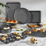 HONGBAKE Bakeware Sets, Baking Pans Set, Nonstick Oven Pan for Kitchen with Wider Grips, 10 Pieces Including Rack, Cookie Sheet, Cake Pans, Loaf Pan, Muffin Pan, Pizza Pan - Grey HONGBAKE