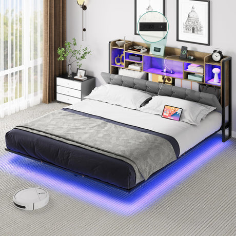 YITAHOME Full Floating Bed Frame & Charging Station, Upholstered Platform Bed with RGB LED Lights, Headboard Storage, No Box Spring Needed,Gray YITAHOME
